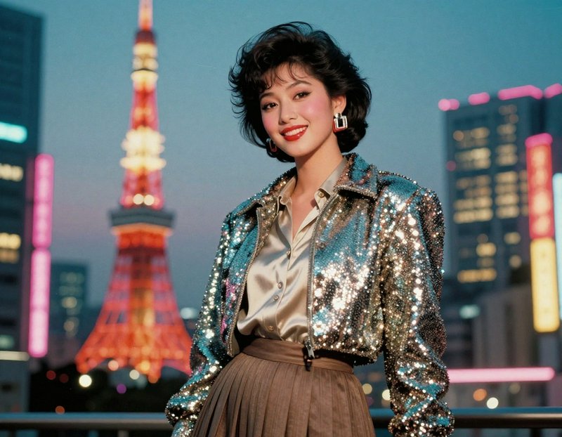 Woman in a sparkling sequin jacket posing at night with a neon city skyline and a lit tower in the background.