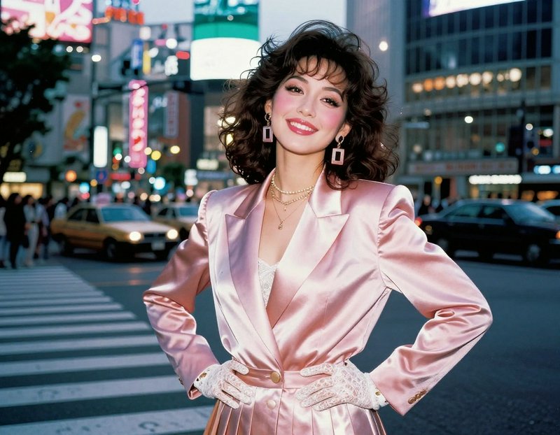 Woman in pink satin blazer dress posing at a city crosswalk at night.