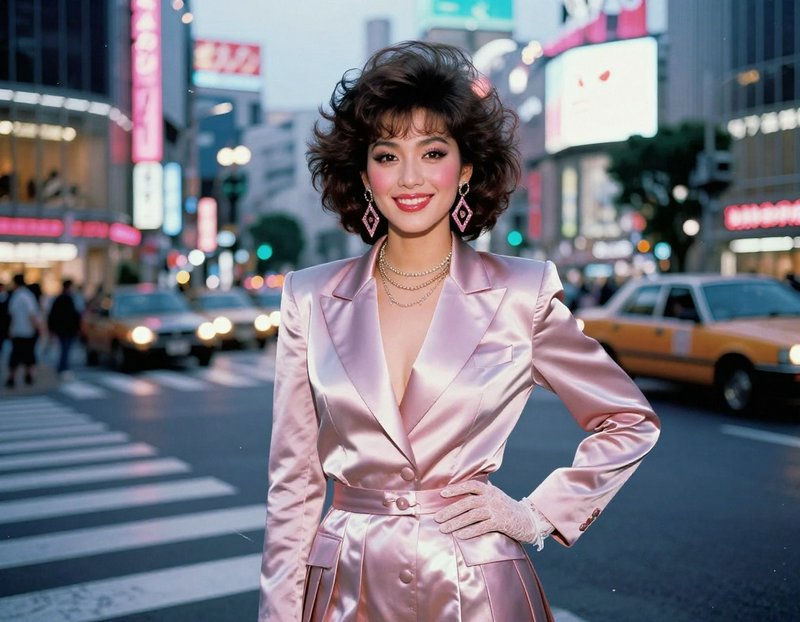 Woman in a pink satin suit posing on a neon-lit city street.
