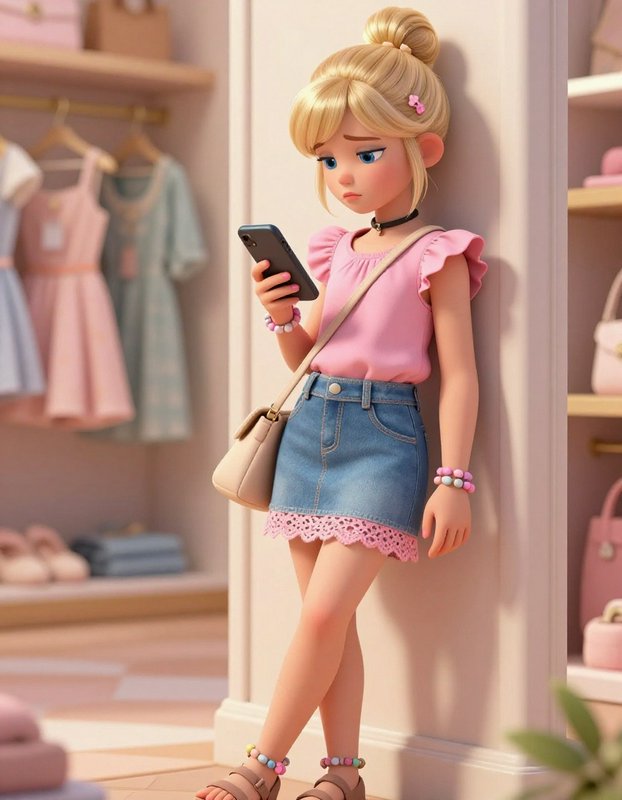 Stylized blonde doll in a pink top and denim lace-skirt looks at a smartphone in a pastel boutique