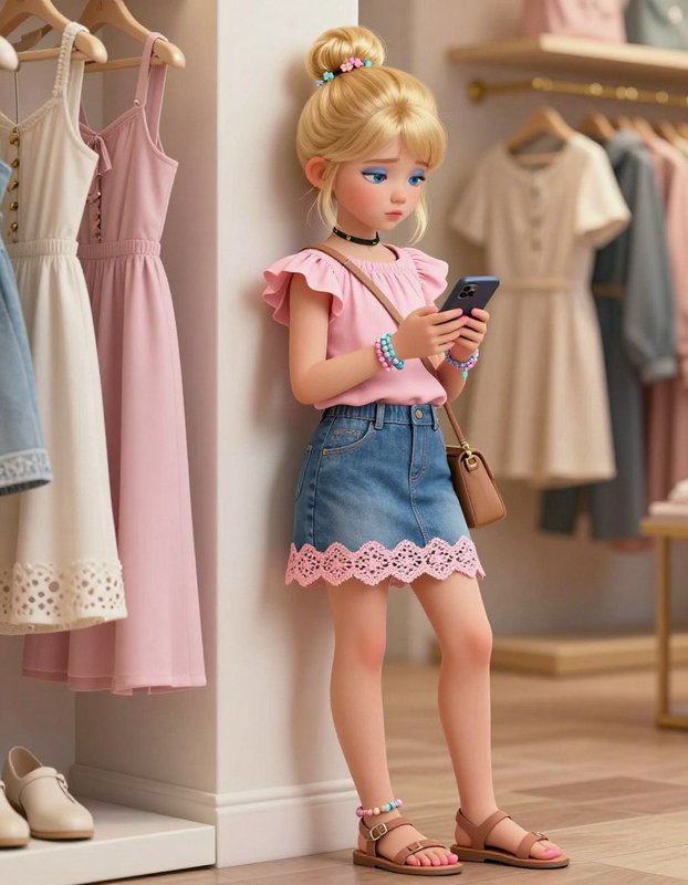 Fashion doll in pink top and lace-trimmed denim skirt, standing in a boutique and looking at a smartphone.