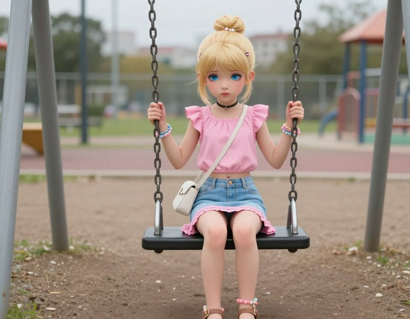 Doll with blonde hair in a pink top and denim skirt sitting on a swing at a playground.