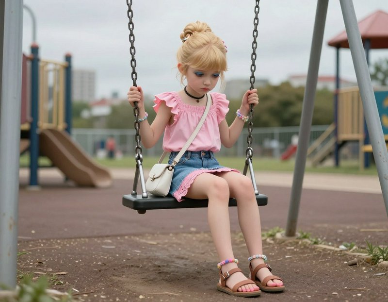 Young girl on a swing at a playground, wearing a pink off-shoulder top and denim skirt.