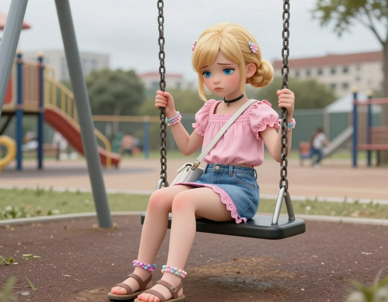 Cute blonde doll on a swing in a playground wearing pink top and denim skirt