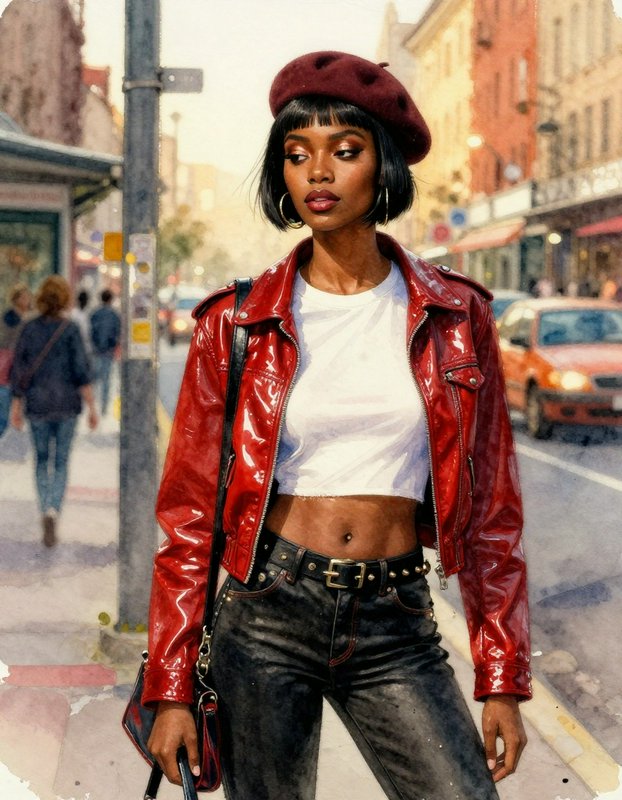 Woman in a red patent leather jacket, white crop top, black jeans, and burgundy beret on a city street.