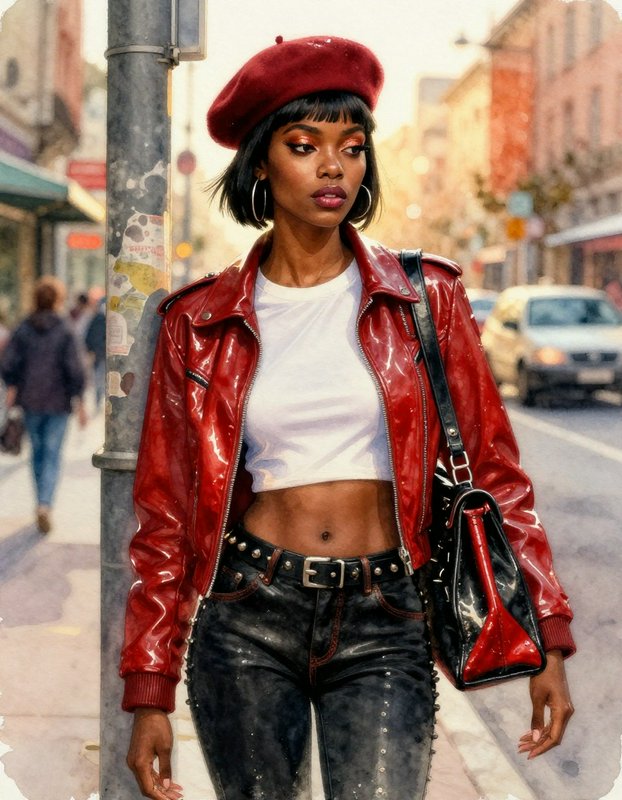 Stylish woman in a red leather jacket and beret walking on a city street