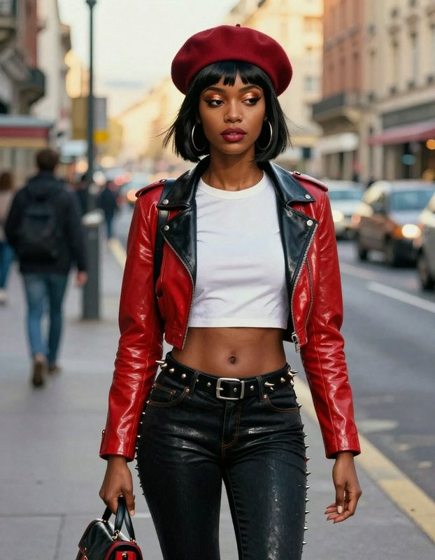 Woman in red leather jacket and beret walking on a city street.