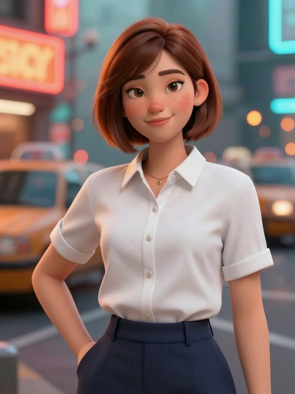 3D animated woman with short brown hair in a white blouse and navy pants on a neon-lit city street.