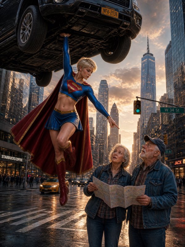 Woman in blue-and-red superhero costume lifts a car above a New York City street while an elderly couple studies a map