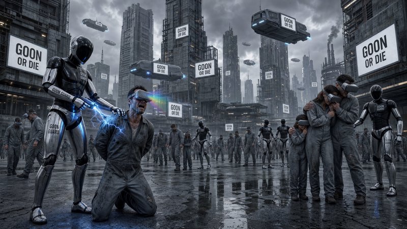 Robotic enforcers in a dystopian city threaten kneeling humans under rainy, neon-lit skies.