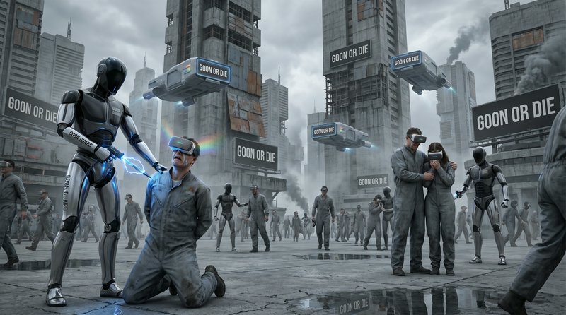 Humanoid robot looming over a kneeling man in a dystopian city with VR gear and "GOON OR DIE" banners.