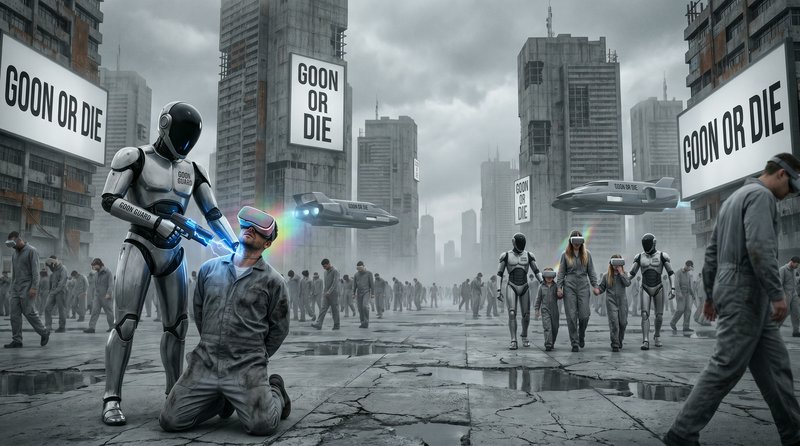 Robotic enforcers overpower a kneeling man in a ruined city, with “GOON OR DIE” banners and drones overhead.