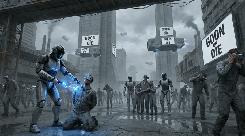 Futuristic dystopian city scene with armored robots and a kneeling man being shocked by a blue-lit robot.