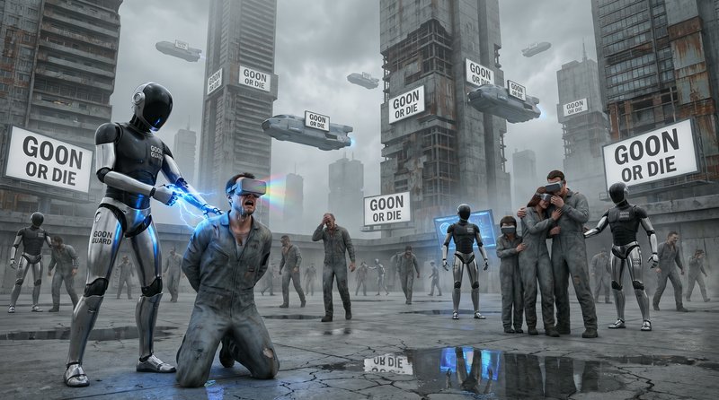 Robot enforcers attack a trapped man in a dystopian city with “GOON OR DIE” signs scattered around.
