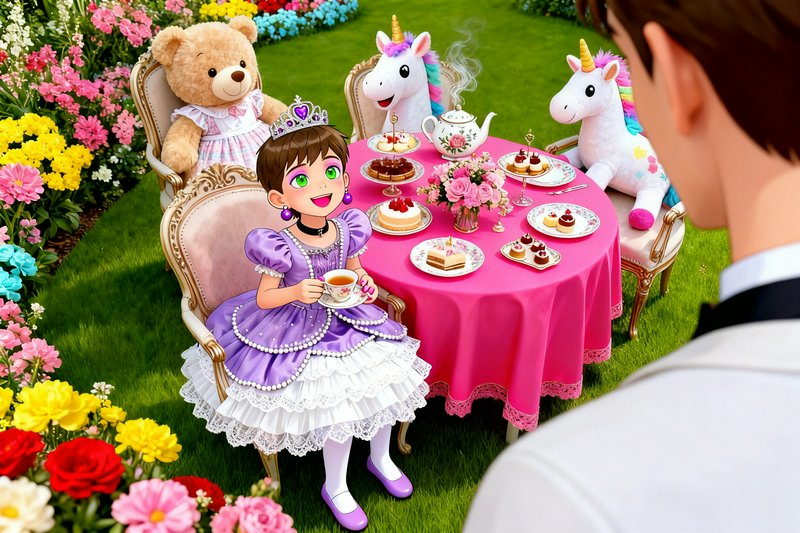 Child-friendly princess figure and unicorn plushies enjoy an outdoor tea party at a pink-clothed table.