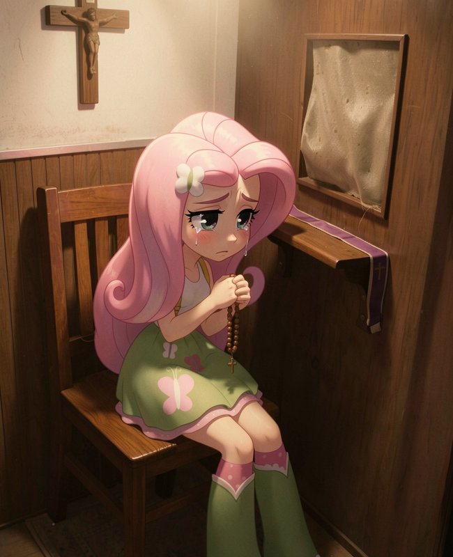 Cartoon pink-haired girl in a green dress sits on a wooden bench in a church, praying with a rosary.