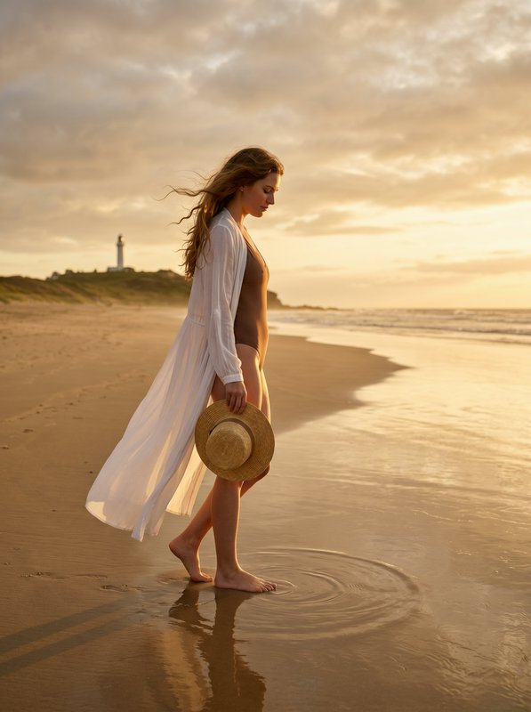 Woman in a black swimsuit and white cover-up walks barefoot on a sunset beach, holding a straw hat.
