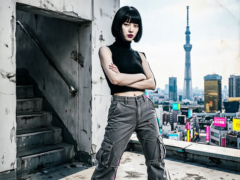 Stylish woman with a black bob standing on a rooftop with Tokyo skyline behind her