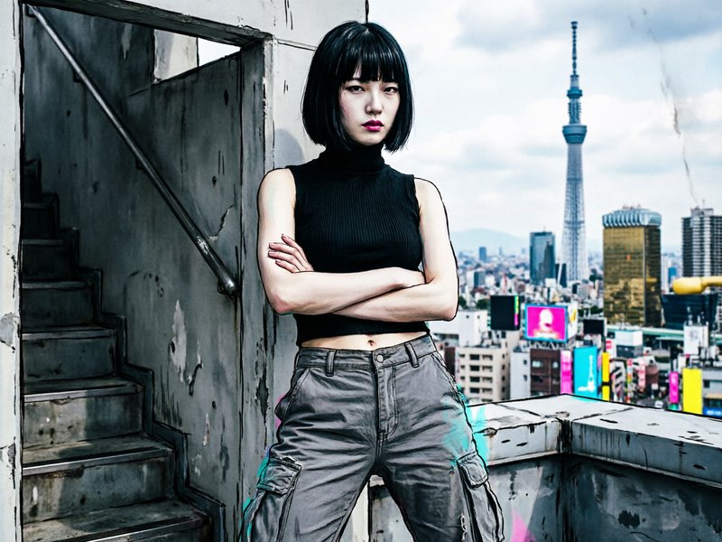 Woman with black bob, wearing a black crop top and cargo pants, posed on a rooftop with Tokyo skyline in the background.