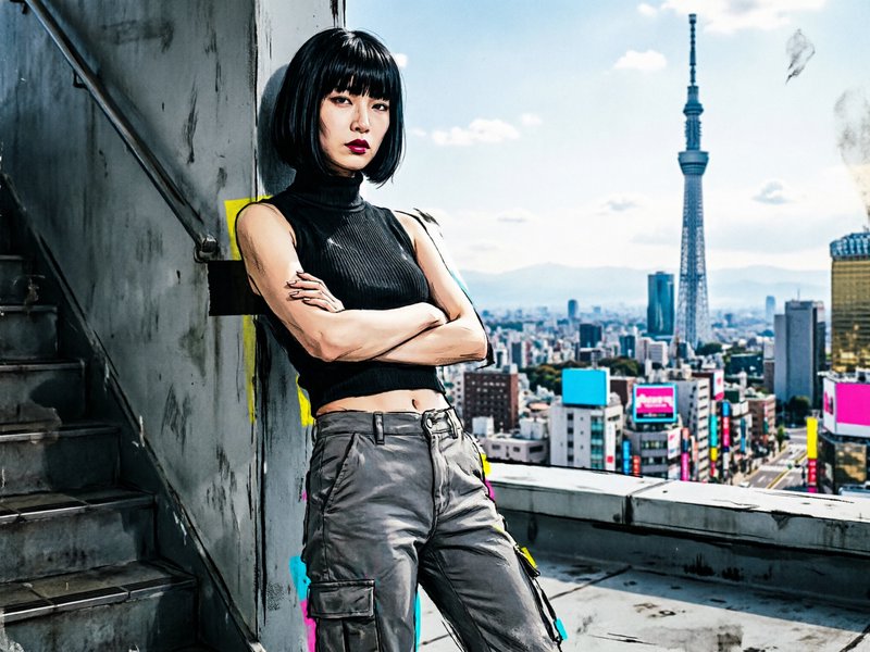 Woman with a black bob haircut posing against a rooftop wall with Tokyo skyline behind her.