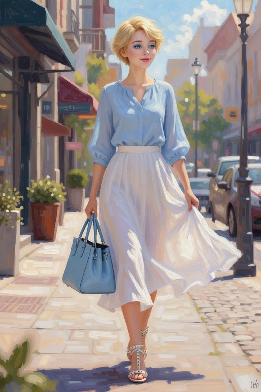 Woman in a light blue blouse and white midi skirt walking on a sunny city street with a blue handbag.