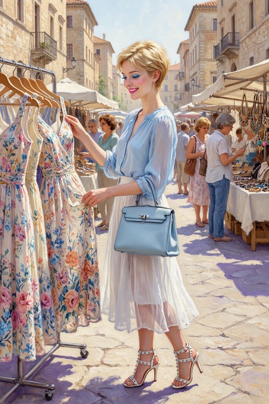 Stylish woman shopping at an outdoor market in a sunlit historic street, browsing floral dresses.
