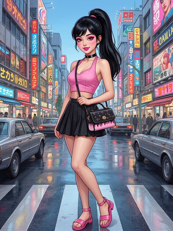 Anime-style girl in pink crop top and black skirt posing on a neon-lit rainy city street.