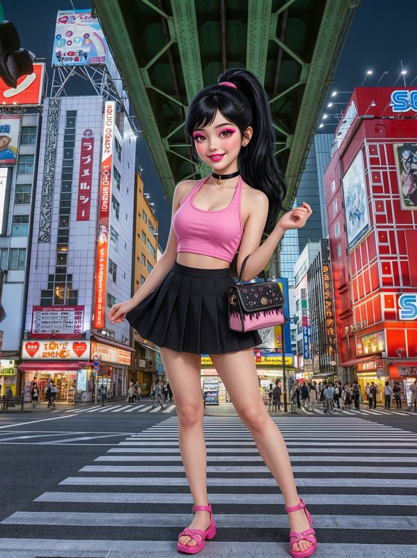 Stylish animated girl in a pink crop top and black skirt posing on a neon-lit city street.