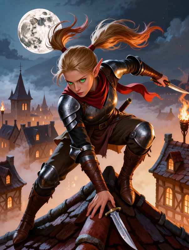 Elf-like female warrior on a rooftop at night with dagger, moonlit city in the background.