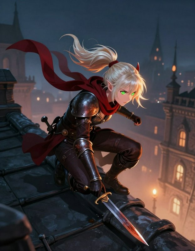 Fantasy armored female warrior crouching on a rooftop at night with a red scarf and glowing green...