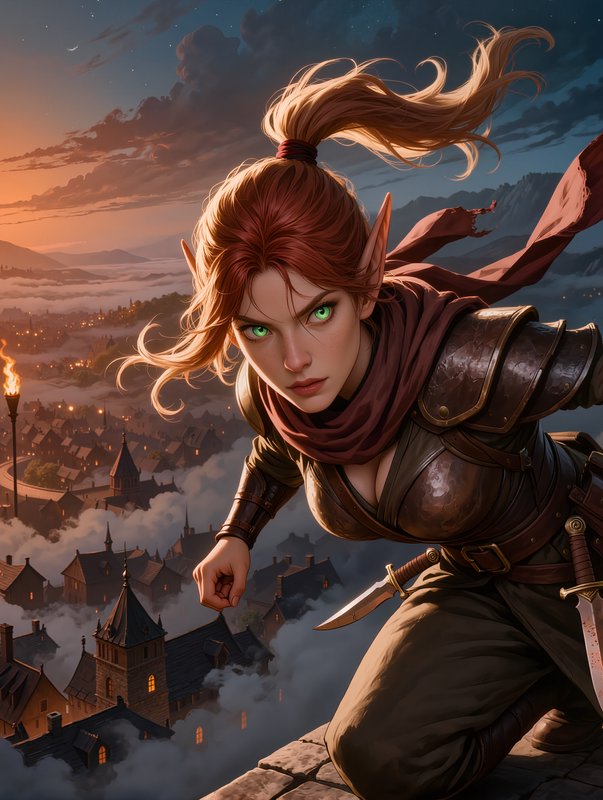 Fierce elf warrior with green eyes on a rooftop overlooking a medieval town at sunset.