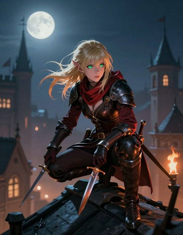 Elf-inspired female warrior in armor perched on a rooftop beneath a full moon.
