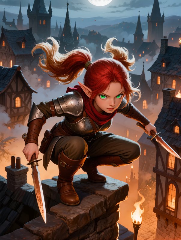 Red-haired elven rogue crouching on a rooftop with daggers under a moonlit medieval city