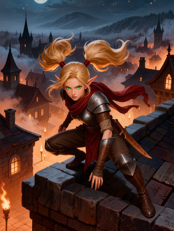 Blonde armored female adventurer crouching on a castle rooftop at night, overlooking a fiery city.