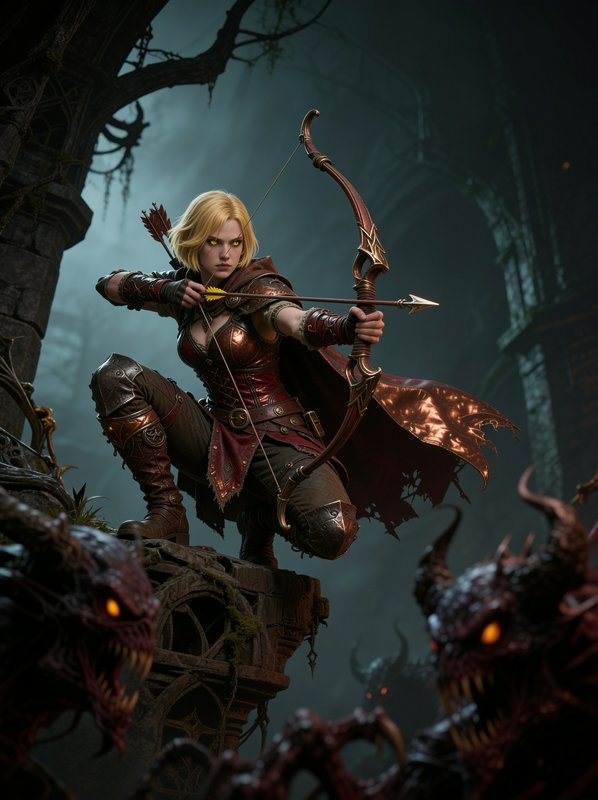 Female fantasy archer with blonde hair aiming a bow atop ruined stone, surrounded by dark dragons.
