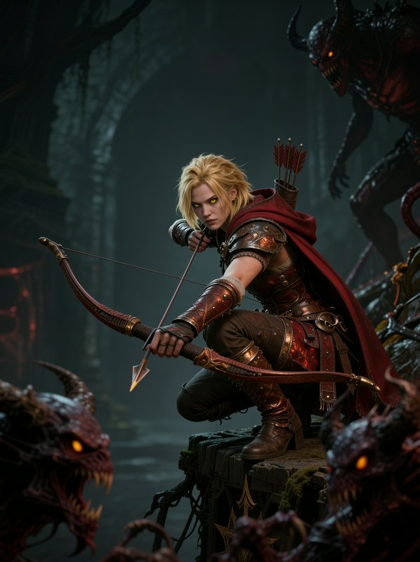 Blonde female archer in armor crouches on a ledge, drawing a bow in a dark fantasy scene.