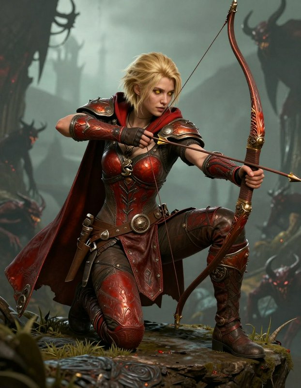 Female archer in red leather armor drawing a bow on a rocky battlefield.