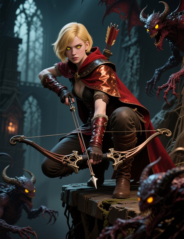 Female fantasy archer crouching on a stone ledge with a bow and red cape, facing demonic enemies.