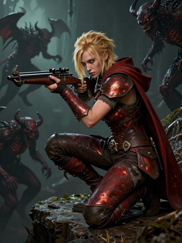 Woman in red armor crouches on a rocky ledge, aiming a rifle amid lurking demons.