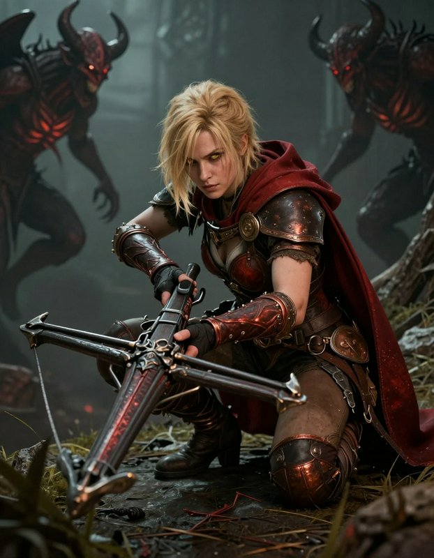 Female armored warrior kneeling with an ornate sword, red cape, amid dark demon-like foes.
