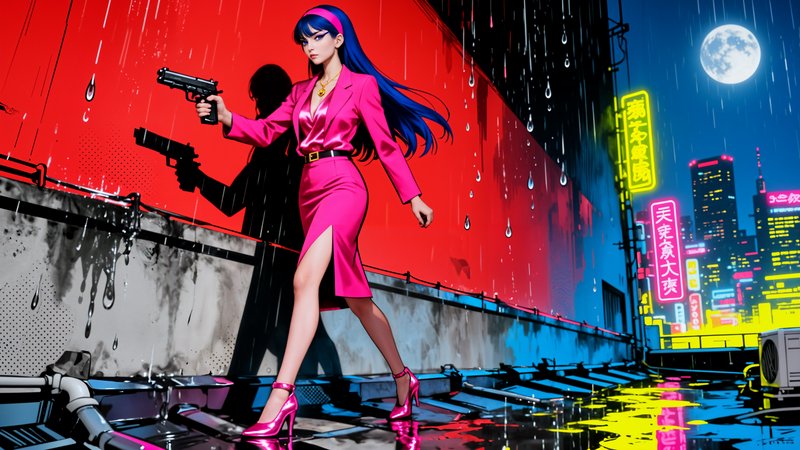 Woman in a pink suit with a pistol on a rainy neon-lit rooftop in a cyberpunk city.
