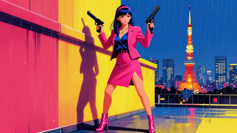 Anime-style woman in a pink suit holding guns on a rainy rooftop with neon city lights.