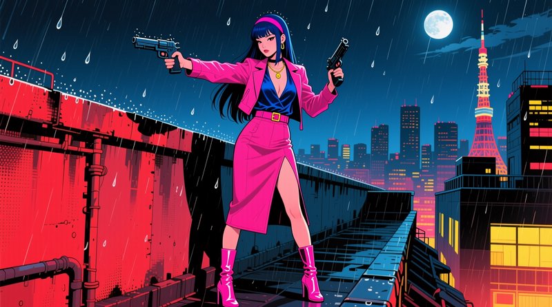 Woman in a pink blazer and skirt on a rainy rooftop, dual-wielding pistols against a neon city at night.