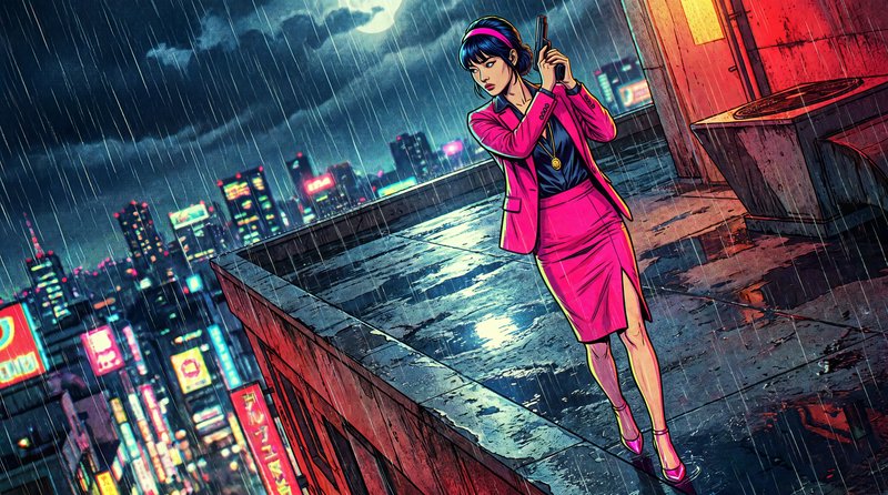 Woman in a pink business suit on a rain-soaked city rooftop at night with neon skyline.