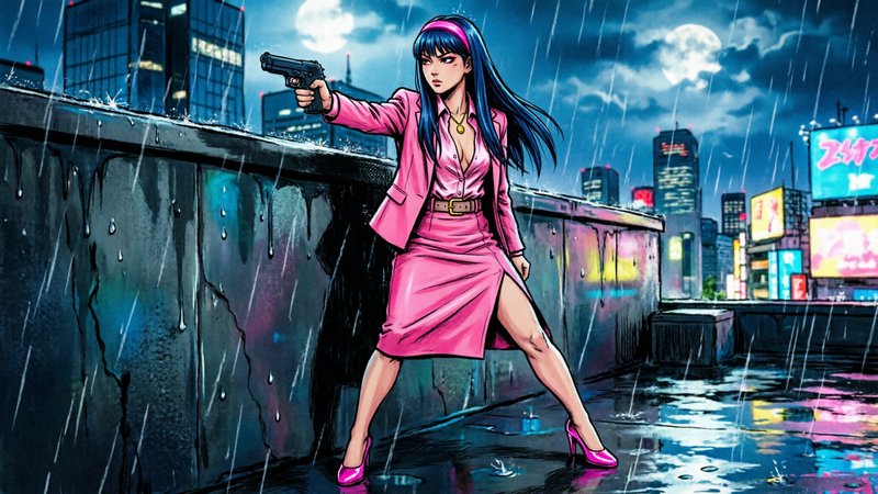 Comic-style woman in a pink suit with a gun on a rainy neon city rooftop.