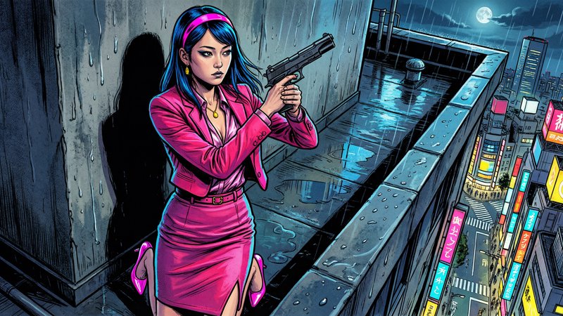 Woman in pink suit on a rainy rooftop, aiming a pistol over a neon city at night (comic book style).