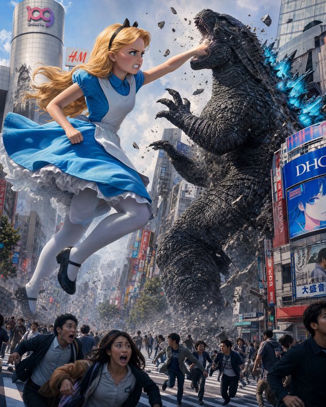 Alice-like girl in blue dress leaps toward Godzilla in a chaotic city street.