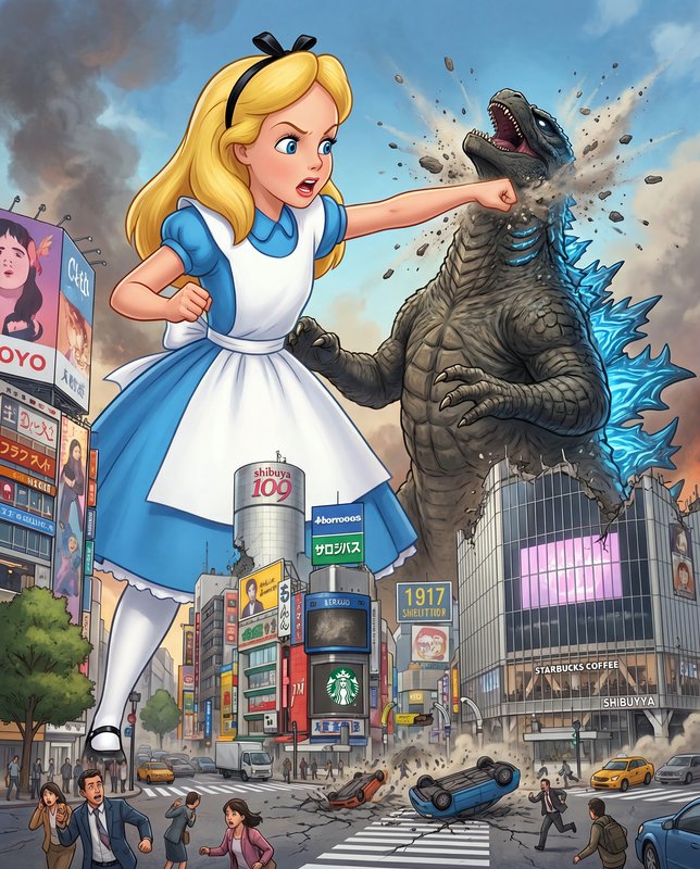 Giant Alice in a blue dress punches a roaring Godzilla-sized monster in a chaotic city square.