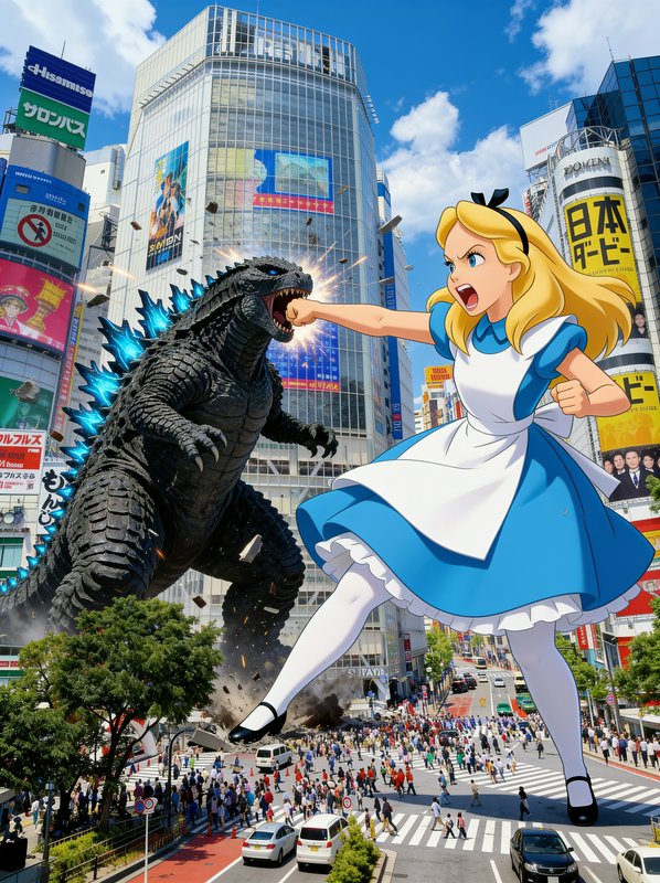 Giant cartoon Alice punches a Godzilla-like monster in a bustling city street with skyscrapers.