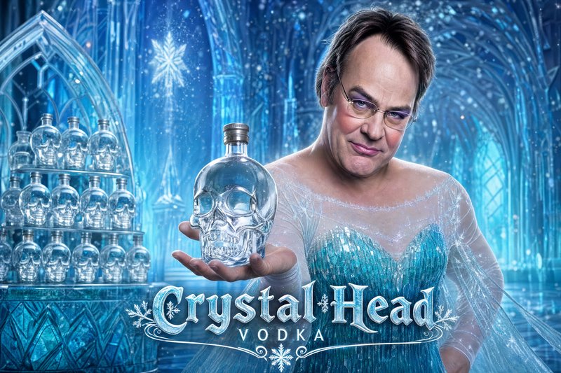 Person in an icy blue gown presents a crystal skull vodka bottle in a frosty, cathedral-like back...